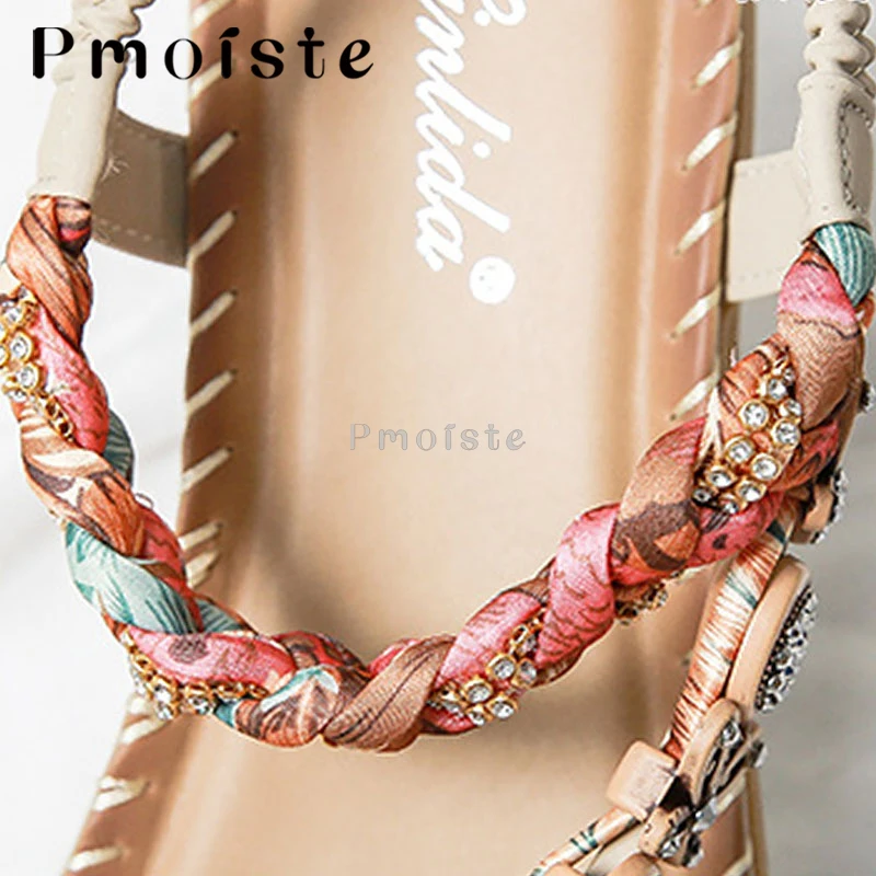 Women Sandals Summer Bohemia Rhinestones Holiday Beach Sandals Twist Ankle Strap Thick Sole Shoes for Women Soft Flip Flops 2023