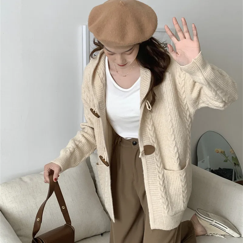 

Женский свитер в литературном ретро-стиле, Свободный кардиган с капюшоном и пряжкой, Осень-зима 2022