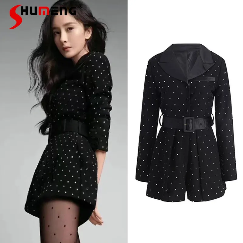 Autumn Winter Black Rhinestone Suit Jumpsuit Women Temperament Long Sleeve High Waist One-Piece Romper Shorts Street Playsuit