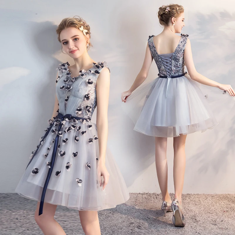 

Applique Short Quinceanera Dresses V-neck Sleeveless Ball Gown Grey Fashion Elegant Vestidos Custom Made Prom Dresses