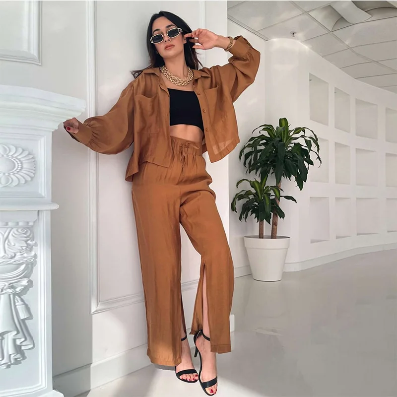 Summer Women Solid Long Sleeve Turn Down Collar Button Pockets Shirts Tops and Slit Pants Clothing Loose Casual Two Pieces Set