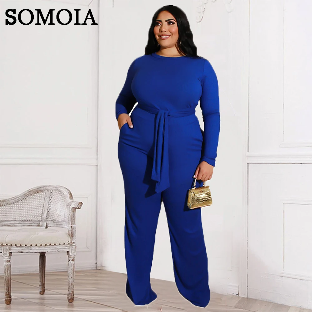 

Plus Size Women Clothing Streetwear Commute Two Piece Set Long Sleeve Tops with Belt and Straight Trouser Pants Sets Wholesale