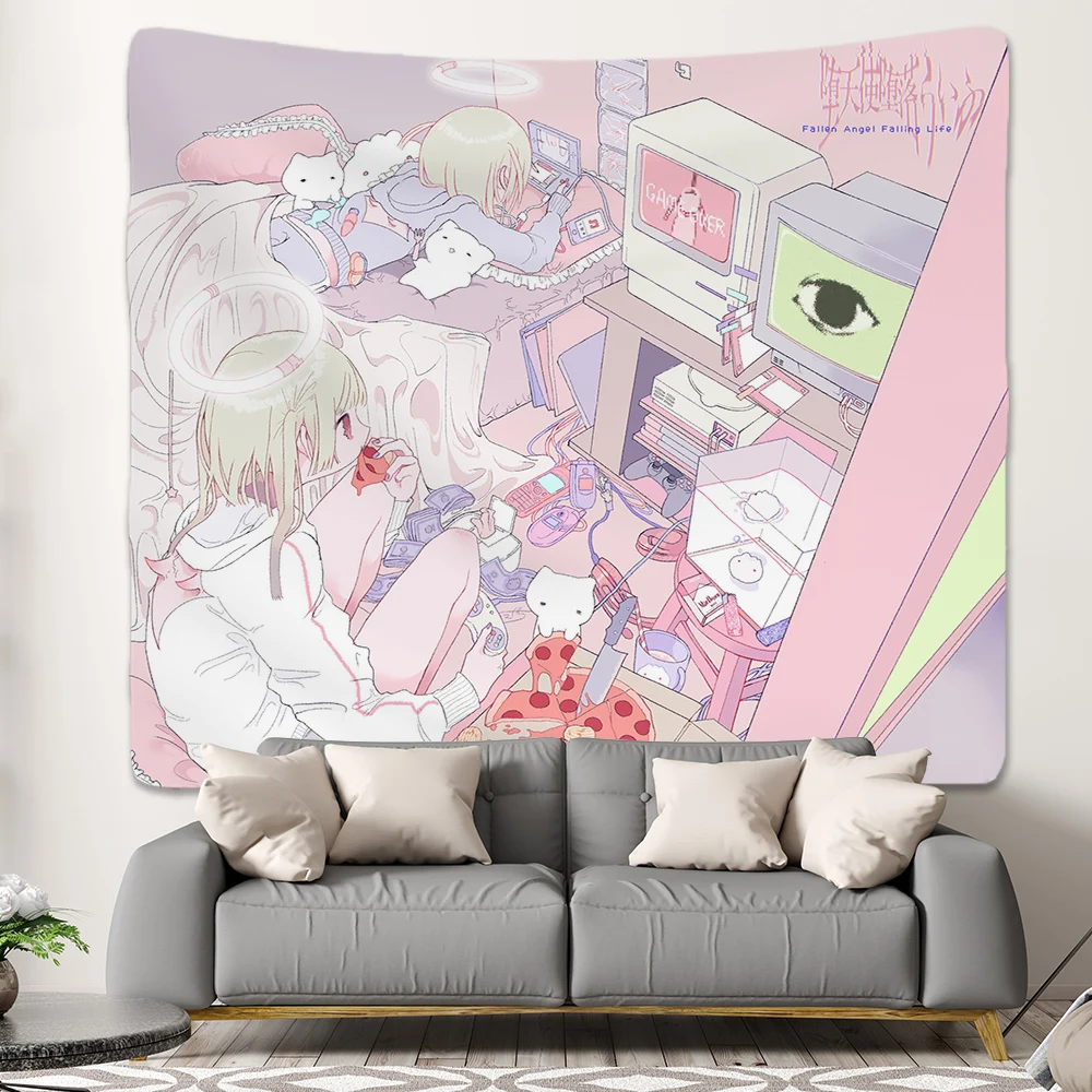 Japanese Anime Pink Girl Kawaii Room Decor Tapestry Aesthetic Y2K Cute Wall Hanging For Living Room Bedroom Home Decoration
