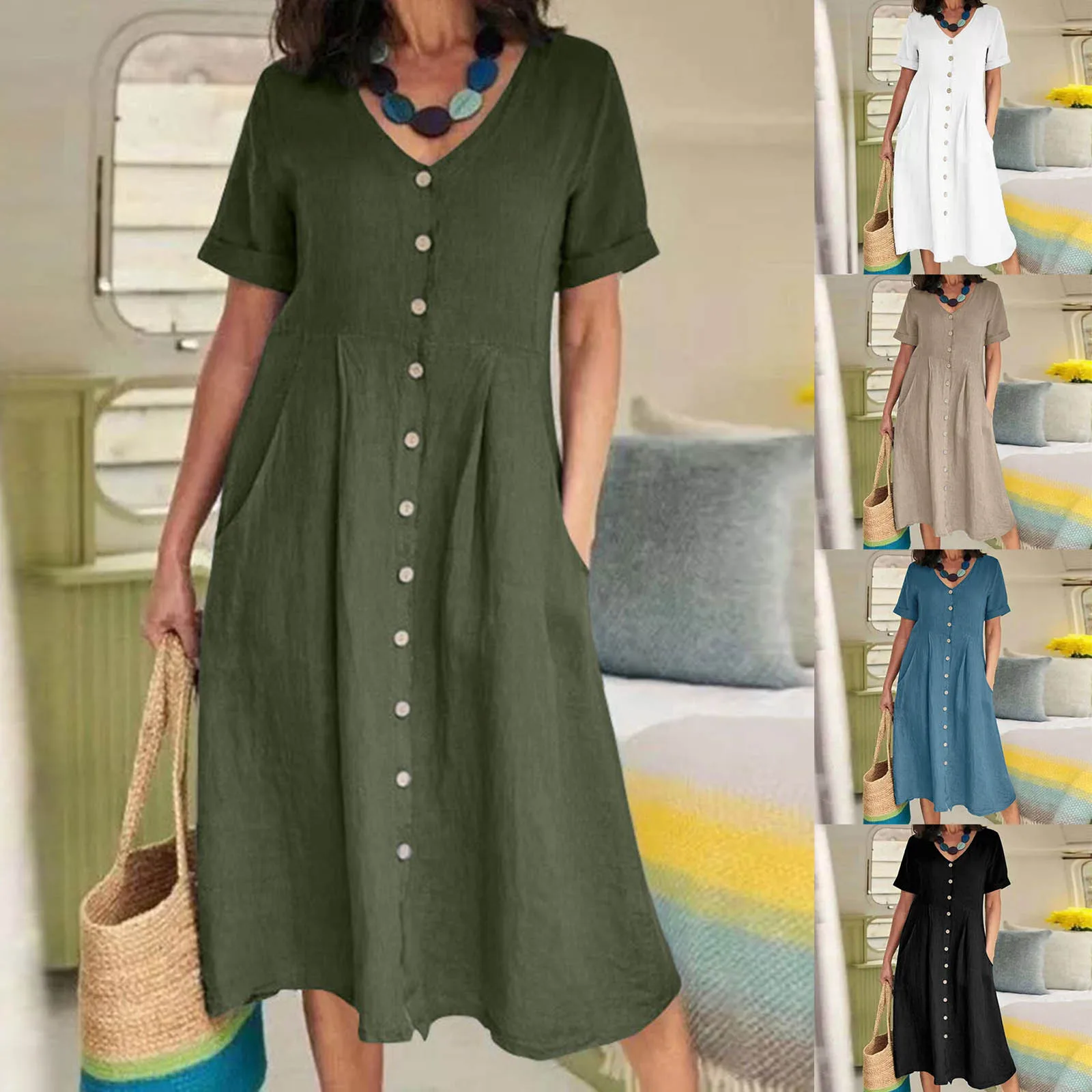 

Womens Cotton Linen Dress Summer Long Dresses With Pockets Long Sleeve Dresses