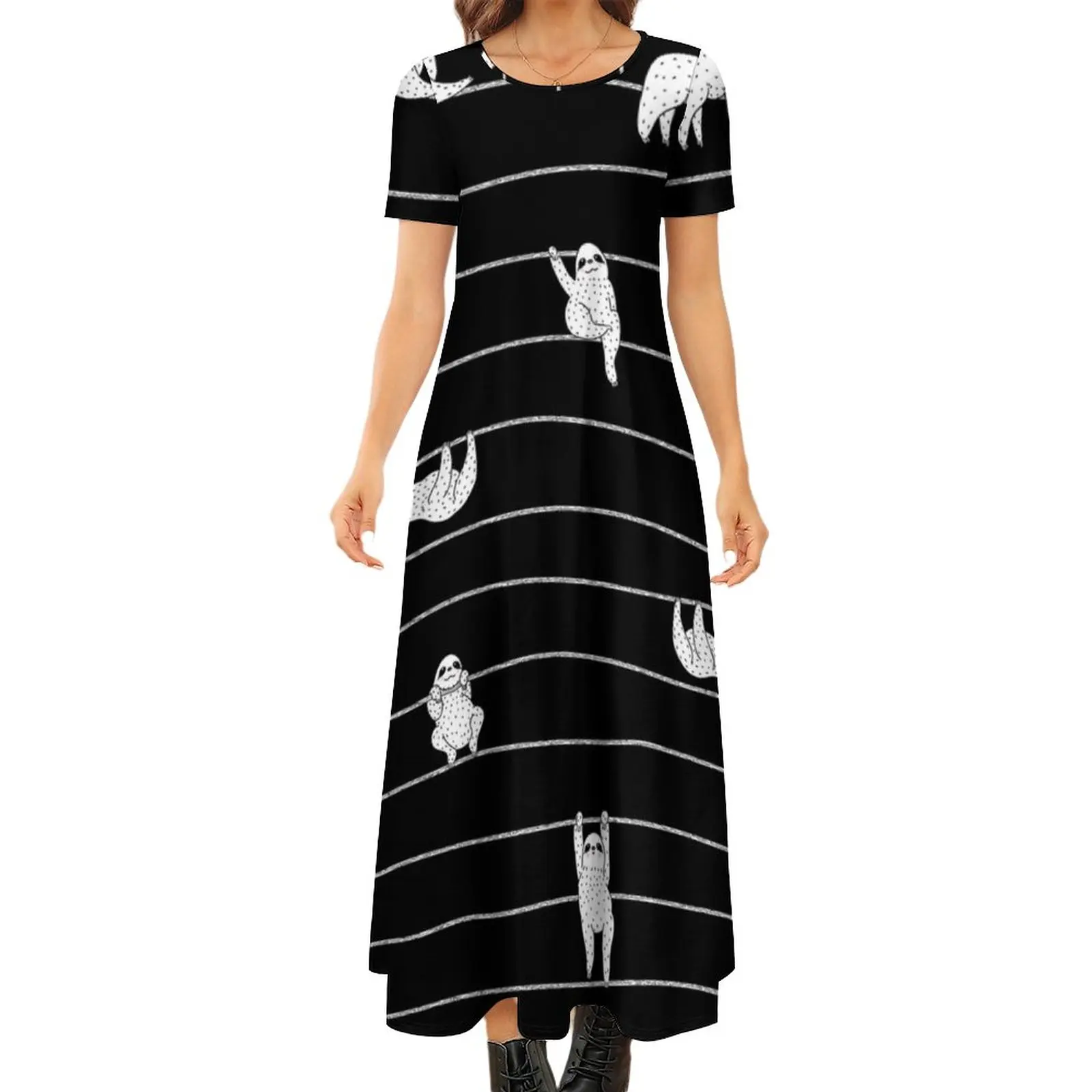 

Funny Sloths Dress Animal Stripes Print Aesthetic Bohemia Long Dresses Ladies Cute Maxi Dress Plus Size