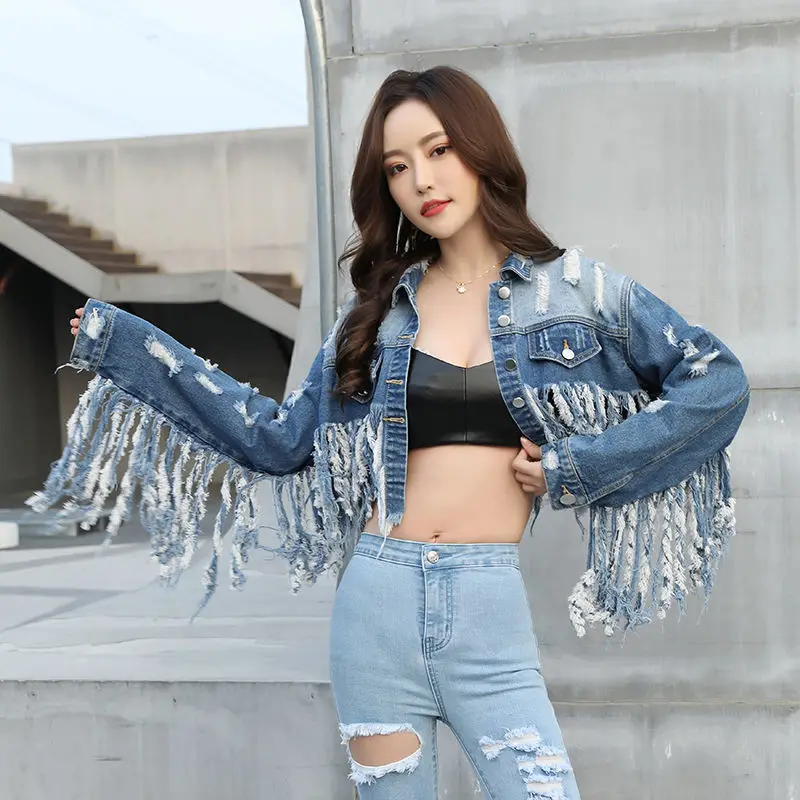 

Women Holes Fringed Denim Coat Retro Tassels Jeans Bomber Jacket Turn Down Collar Collar High Waist Long Sleeved Cardigan Tops