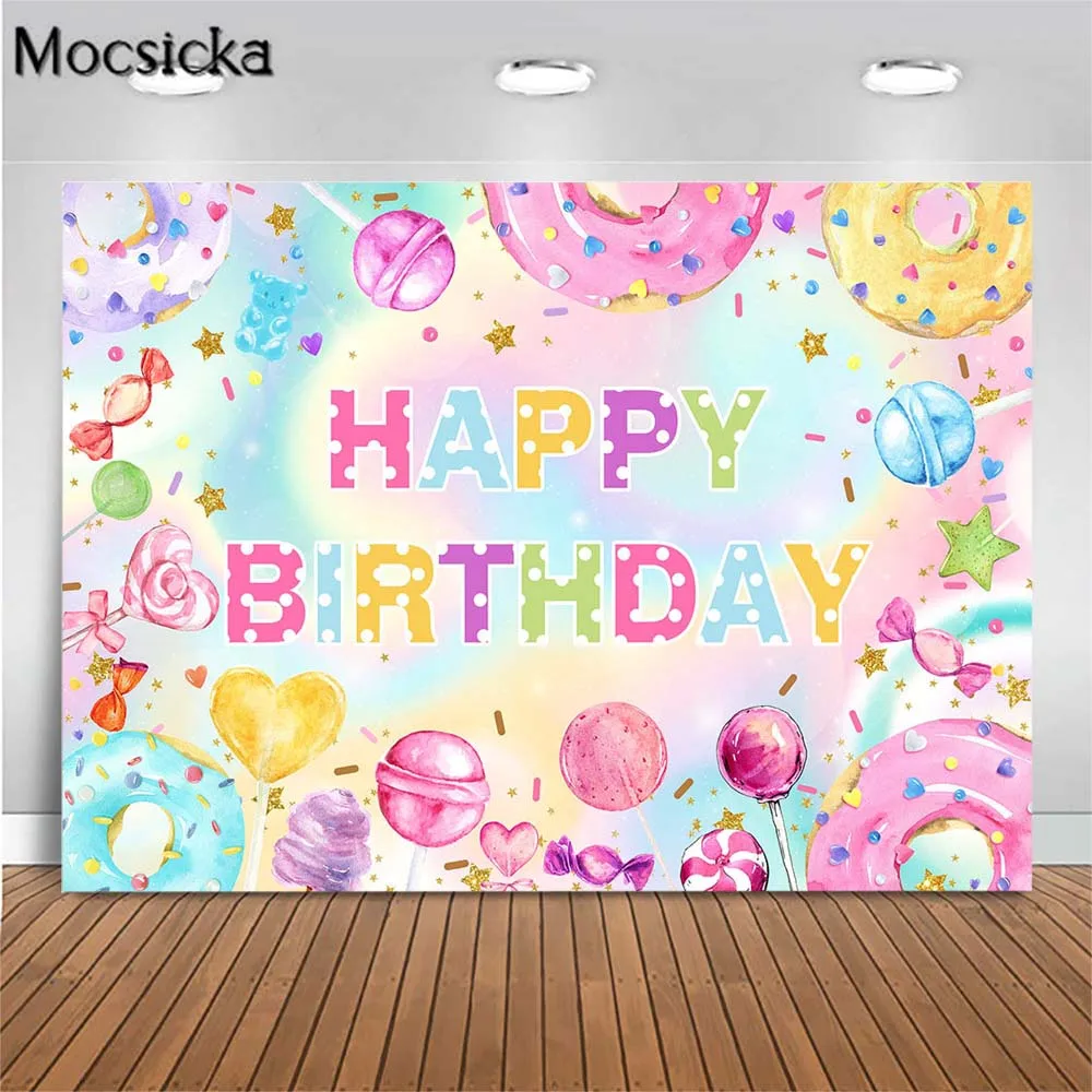 Mocsicka Candyland Theme Baby Birthday Backdrop Lollipop Donuts Rainbow Girl Sweet Birthday Party Photo Backgrounds Decor Banner
