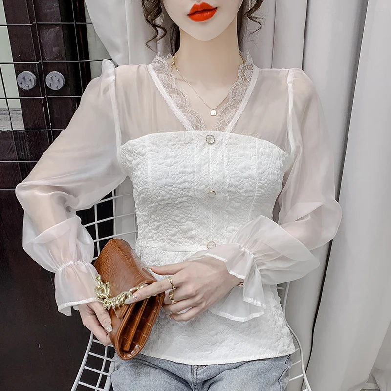 

Long-sleeved lace blouse for women in spring summer new fashion waist beautiful blouse and age-reducing chiffon shirt 327e326-11