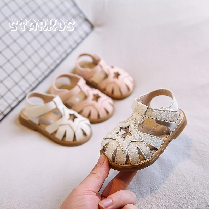 Star Patch T-Strap Sandals Baby Girl Strap Caged Sandalias Toddler Kids Soft Sole Cut-out Flat Summer Leatherette Shoes