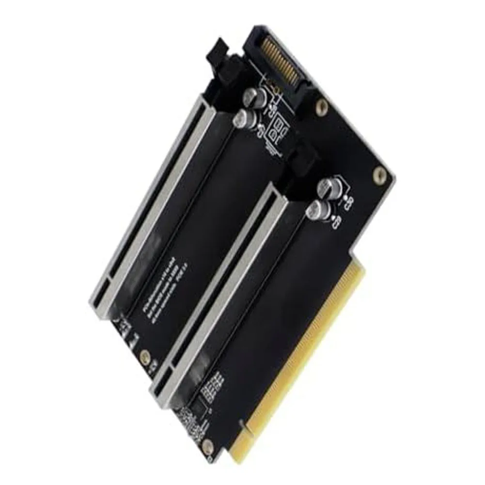 Фото Карта-разветвитель PCIe 3.0 X16 на два порта X8 с питанием SATA для графических процессоров Gen3, SSD и сетевых адаптеров (расширитель) №2