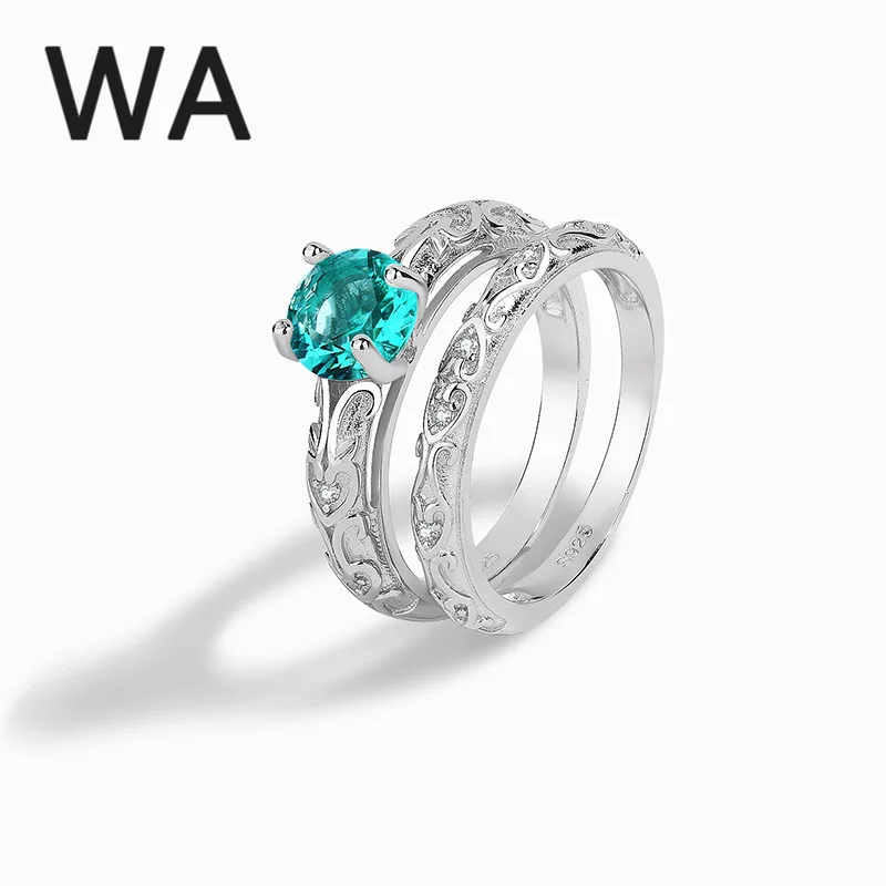 

European American retro S925 sterling silver platinum Paraiba glass stone double ring silver delicate high quality women's ring