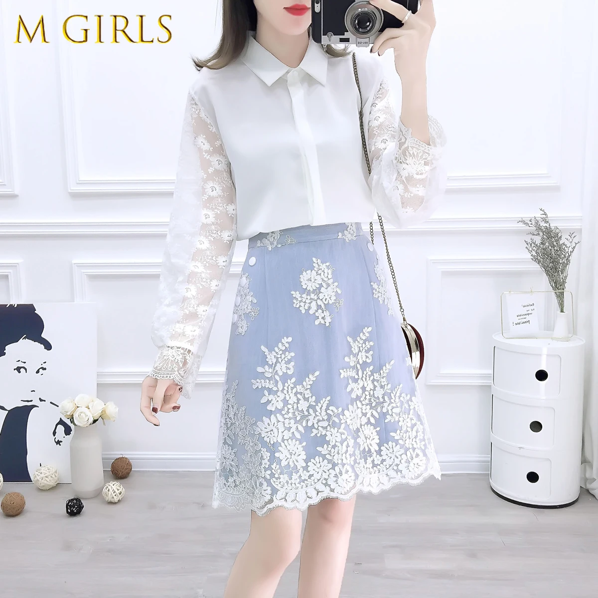 Two Piece Set Women Outfits Autumn New Elegant Lace Chiffon Shirt Blouse + Embroidery Denim Skirt Suits Ladies 2 Piece Clothing