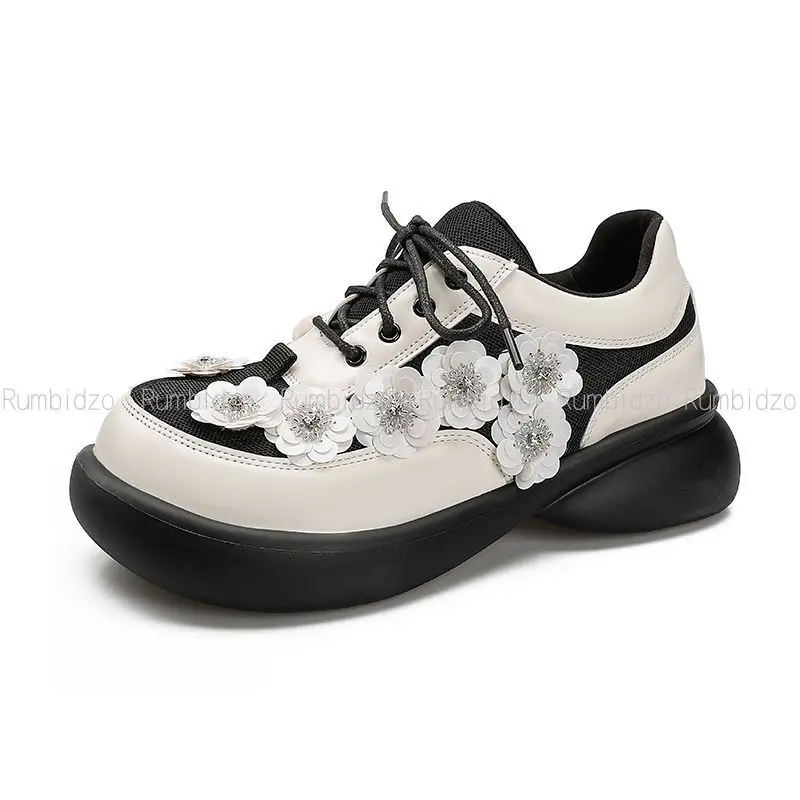 

Spring Summer New Women Single Shoes Round Toe Chunky Flats Front Lace Up Mary Janes Shoes Flower Decoration Casual Girl Shoes