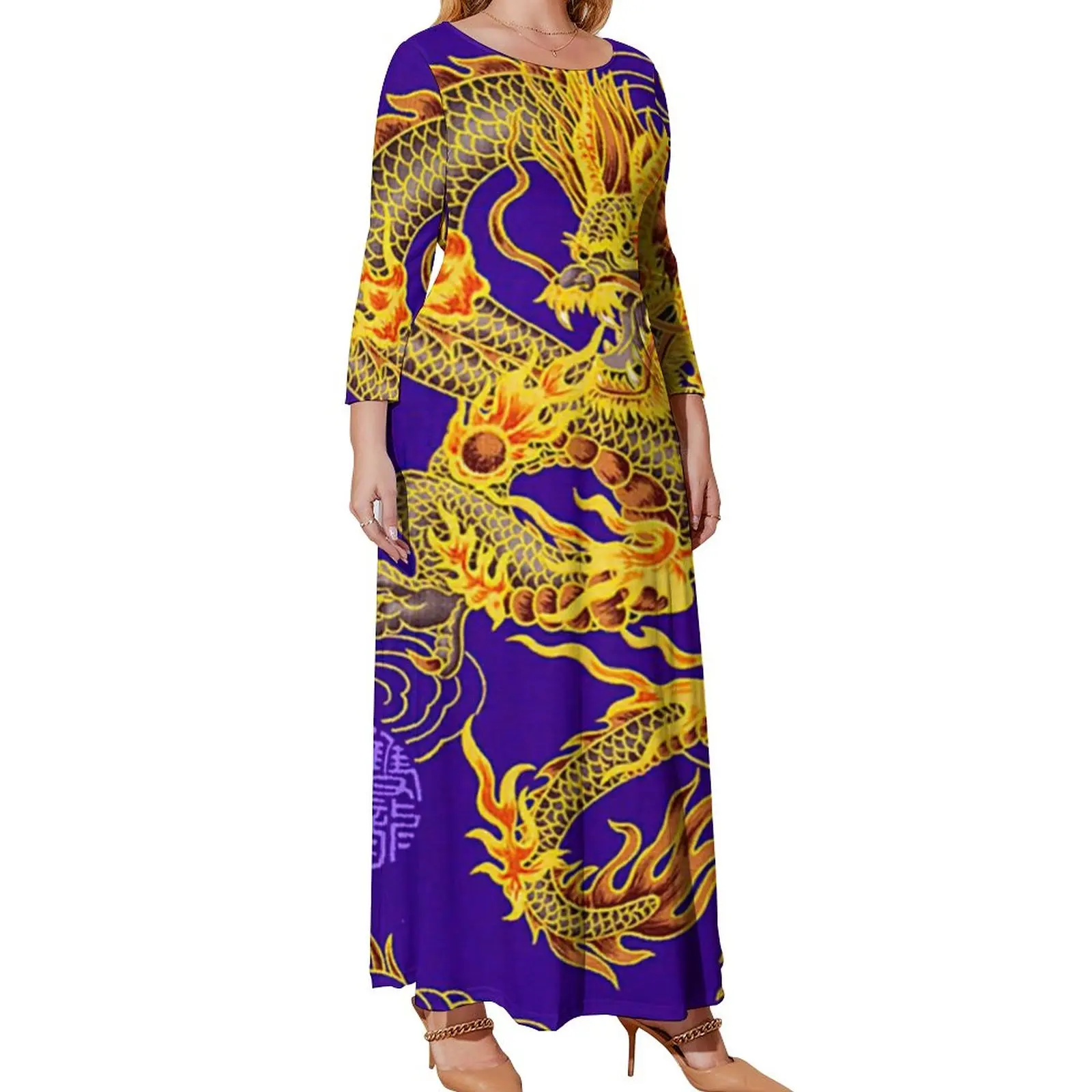 Chinese Emperor Dragon Dress Plus Size Dragons Art Print Sexy Maxi Dress Long-Sleeve Aesthetic Boho Beach Long Dresses Gift