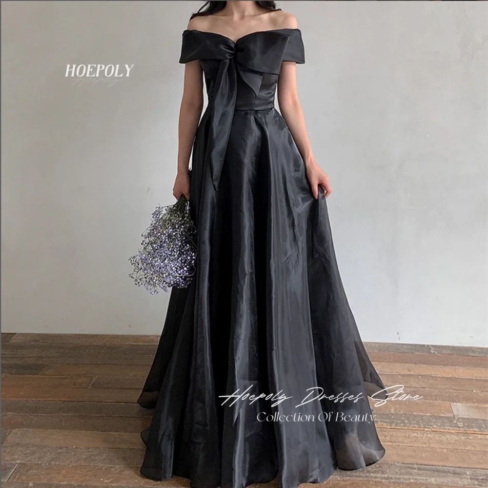 

Hoepoly Bow Simple Strapless Off The Shoulder Sleeveless A Line Evening Dress Floor Length Sweep Train Formal Prom Gown 프롬드레스