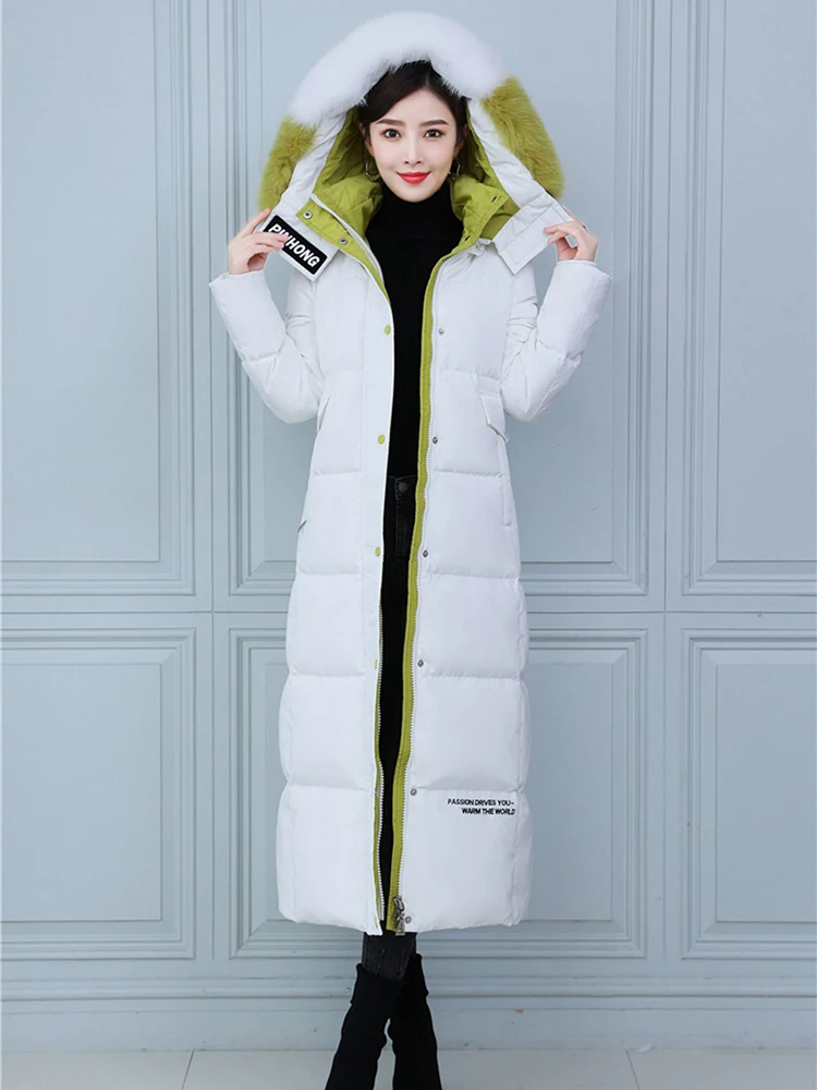 New Women Winter Long Thicken Warm Down Coat Casual Fashion Two-Colour Detachable Real Fox Fur Collar Belt Slim Down Jacket