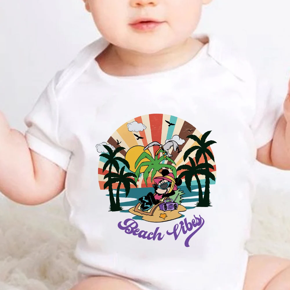 

Disney "Mickey Mouse And Donald Duck" Minnie BeachVacation Collection Fashion Print Loose White Baby Bodysuit Fabric Comfortable