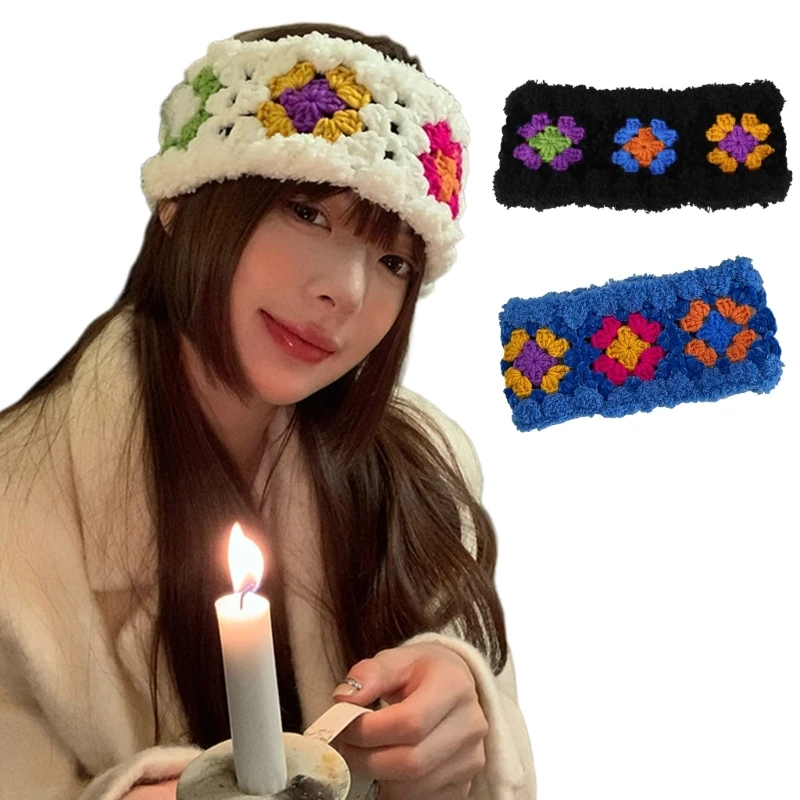 

Crochet Colorful Bandana Knitted Hair Kerchief Tie Back Wrap Flower Pattern Pastoral Turban for Girls Photo Props