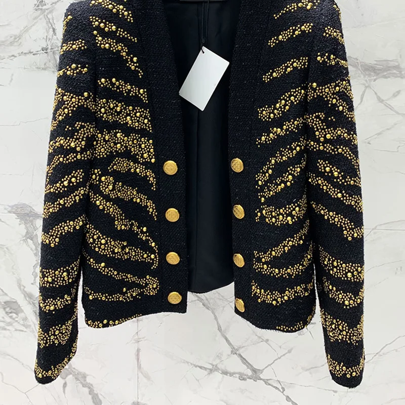 

23 Runway Women Vintage Tweed Jacket Fashion Rivet Decoration Gold Double Breasted Blazer Wool Blend Office Fashion Tops Outwear