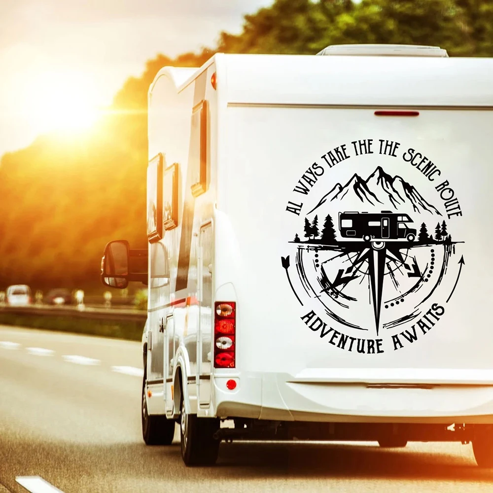

Приключение ждет Кемпинг Компас RVs Автомобильная наклейка Наклейка Всегда резьба живописного маршрута Путешествие Автомобиль Декор дома на колесах