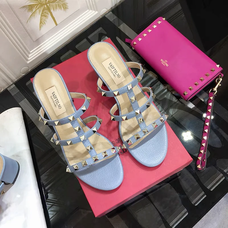 Women's Sandals Summer 2023 New Luxury Brand Rivets Slippers Designer High Heels Concise Open Toe Casual Outdoor Ladies Shoes
