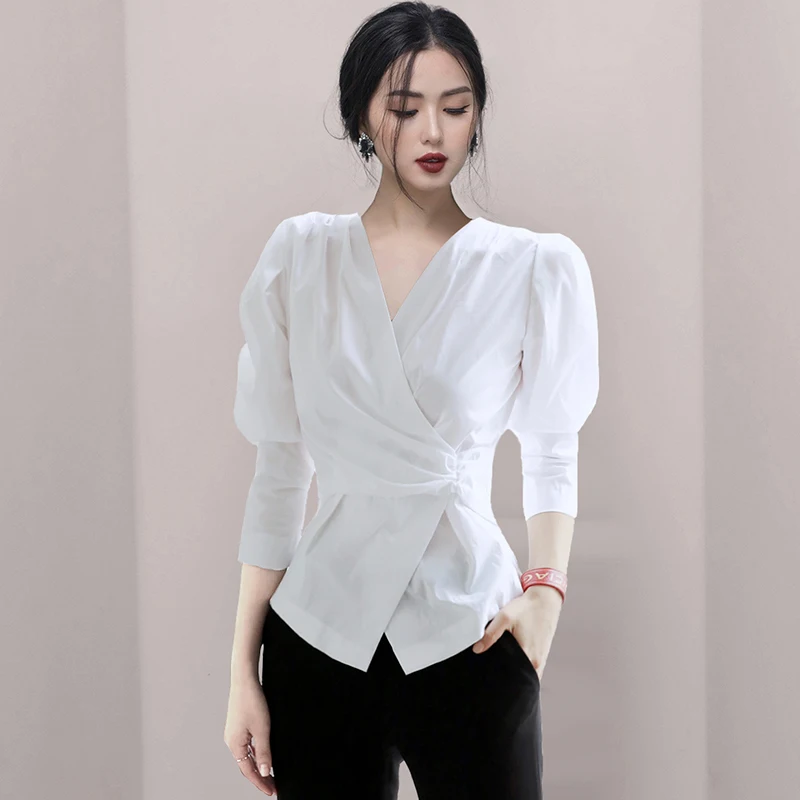 

Vintage Temperament Ladies V-Neck Chiffon Blouse 2022 Summer Elegant White Office OL Casual Slim Female Work Wear Shirts Top