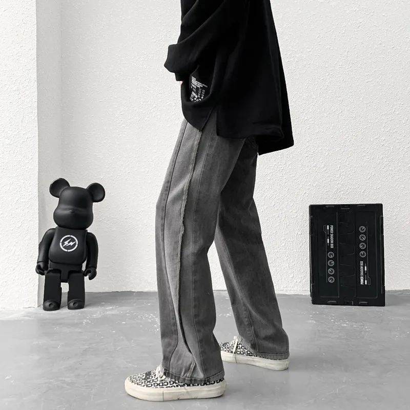 Jeans Men Design Print Mid Waist Oversize Baggy Jean Streetwear Zipper Fly Straight Denim Trousers Hip Hop Retro Ulzzang Teens