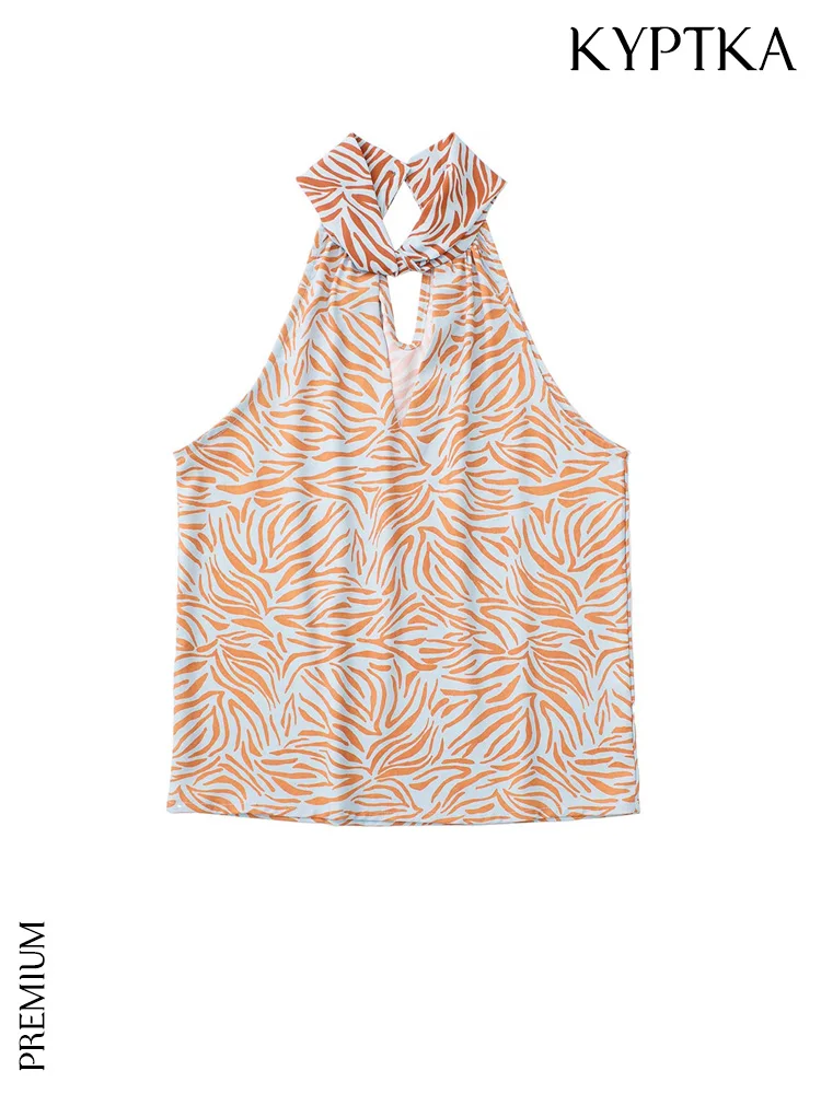 

KYPTKA Women Fashion Zebra Print Blouses Vintage Halter Neck Sleeveless Female Shirts Blusas Chic Tops