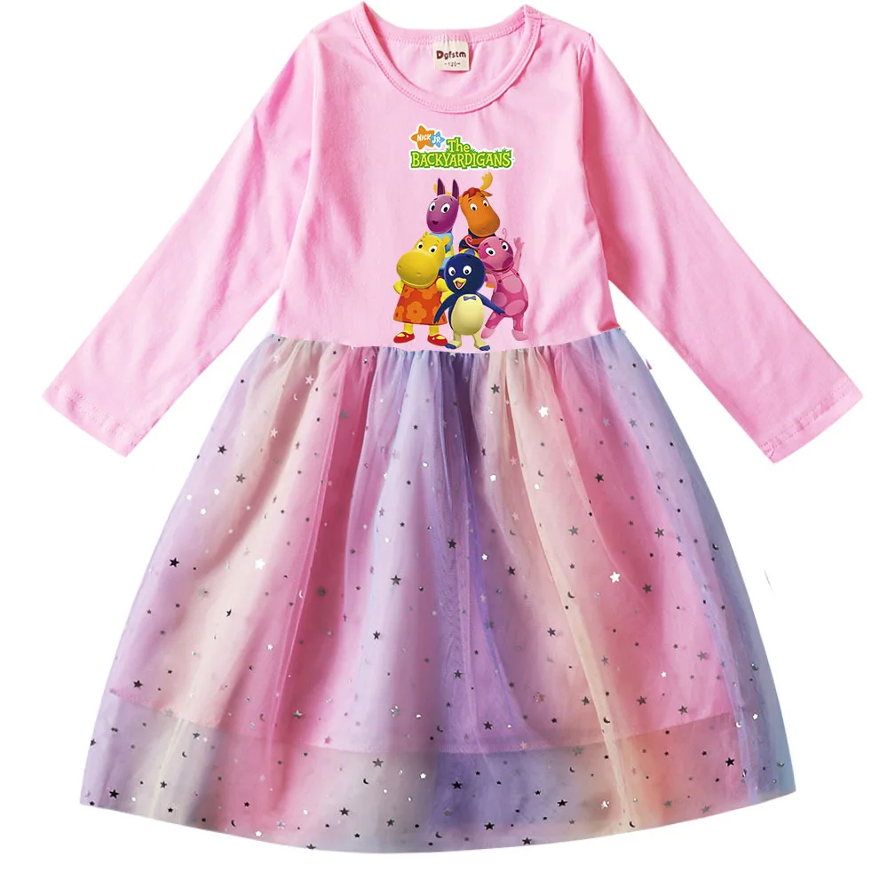 

2-10Y Baby Girls Backyardigans Dresses Kids Cute Cartoon Costume Sequin Mesh Carnival Vestidos Children Long Sleeve Casual Dress