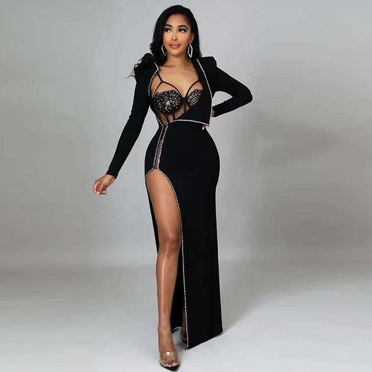 

Новинка 2022 темпераментное привлекательное слитное платье с разрезом и длинным рукавом популярное универсальное платье из двух частей со с...