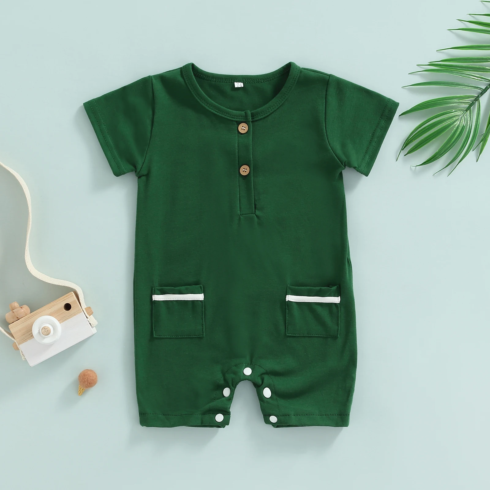 

0-24 Months Short Sleeve Infant Summer Playsuit, Toddler Casual Contrast Color Short Sleeve Round Neck Romper with Pockets