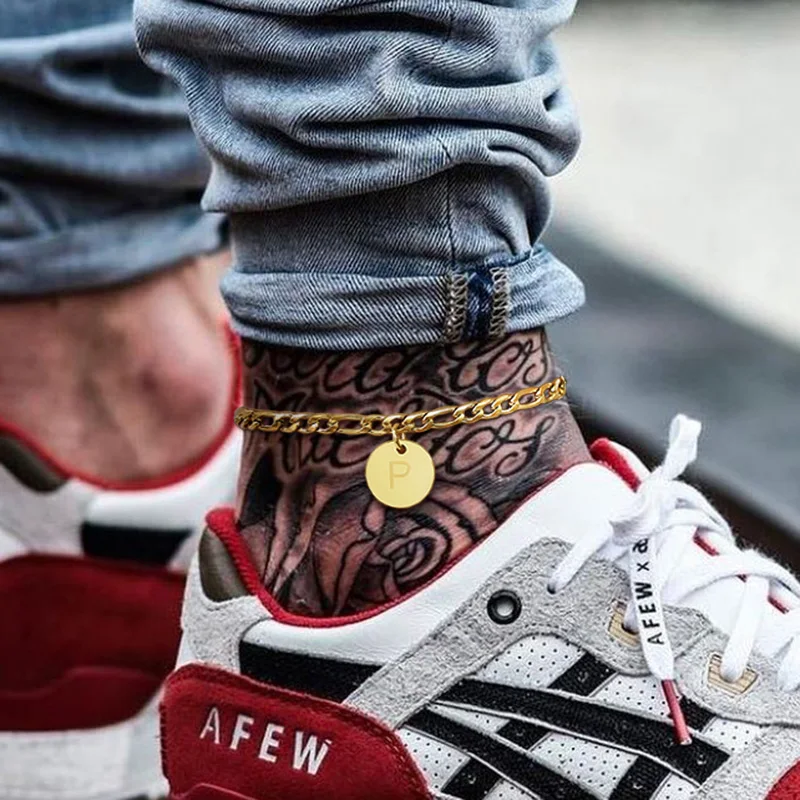 

Men Anklets, Men's Ankle Bracelet,Figaro Chain with Disc Alphabet Anklet, Stainless Steel Men's Jewelry,Summer Beach Jewelry