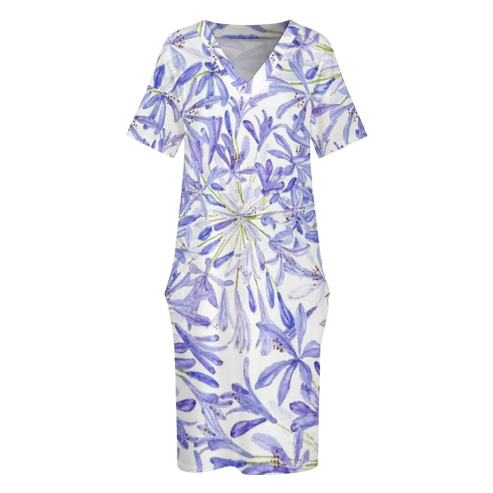 Фиолетовый синий африканская лилия акварель свободное платье с карманами летние