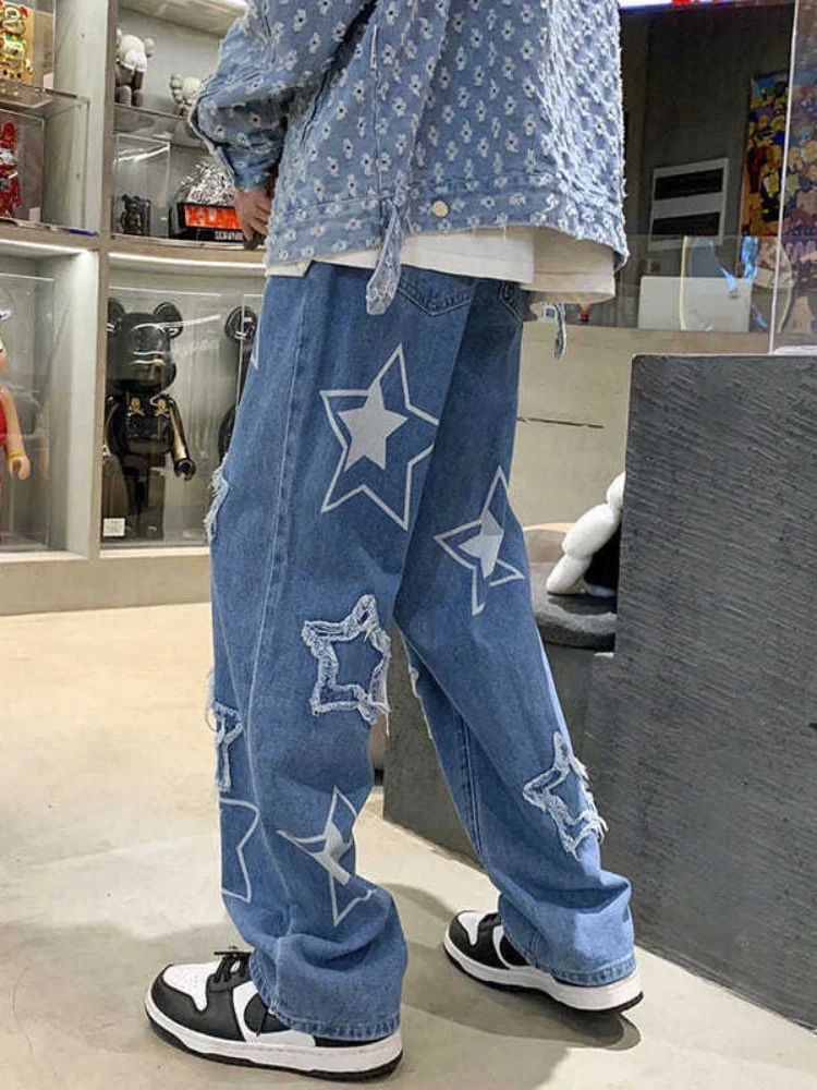 HOUZHOU Vintage Retro Washed Y2k Denim Pant Men High Street Streetwear Jeans Korean Fashion Kpop Patchwork 2023 Trouserss