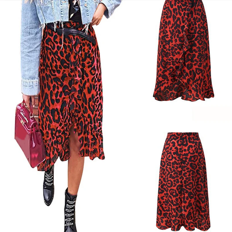

Red Leopard Print Sexy Skirts Women High Waist Split Skirt Femme Asymmetrical Irregular Ruffled Skirt Casual Office Lady Skirt