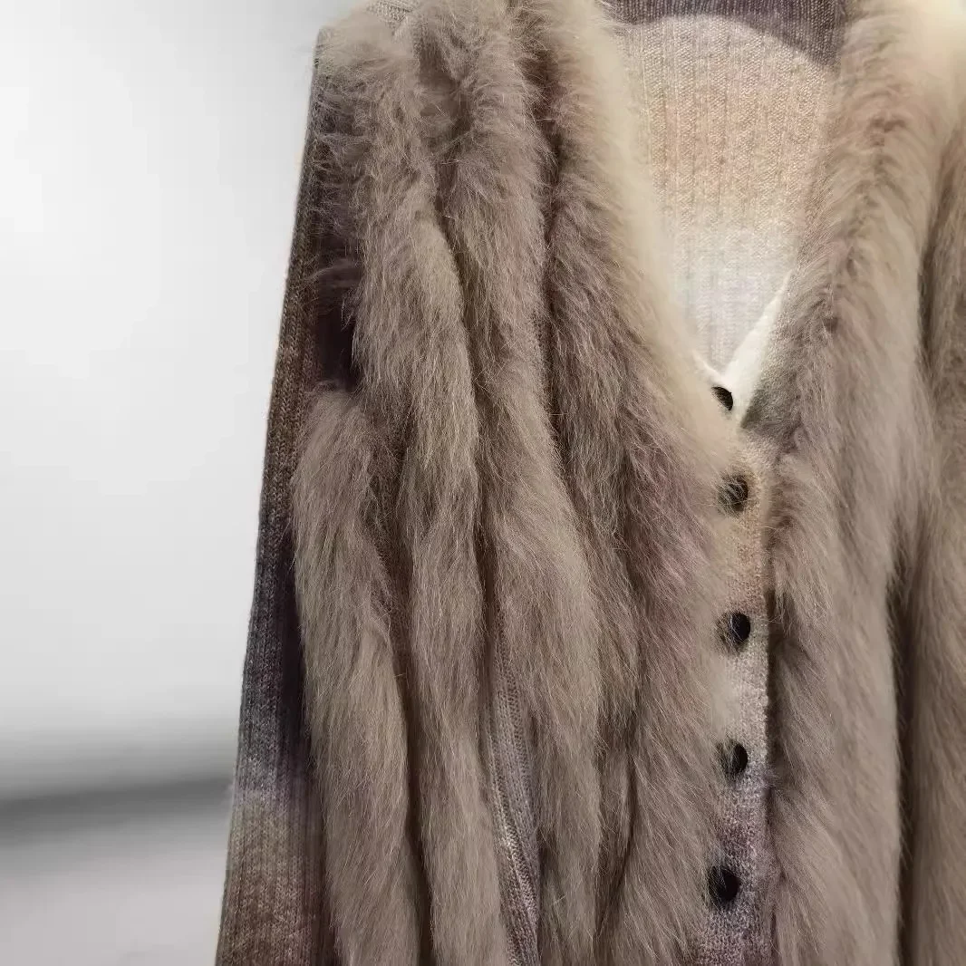 Женский вязаный кардиган из натурального Лисьего меха демисезонный оверсайз с