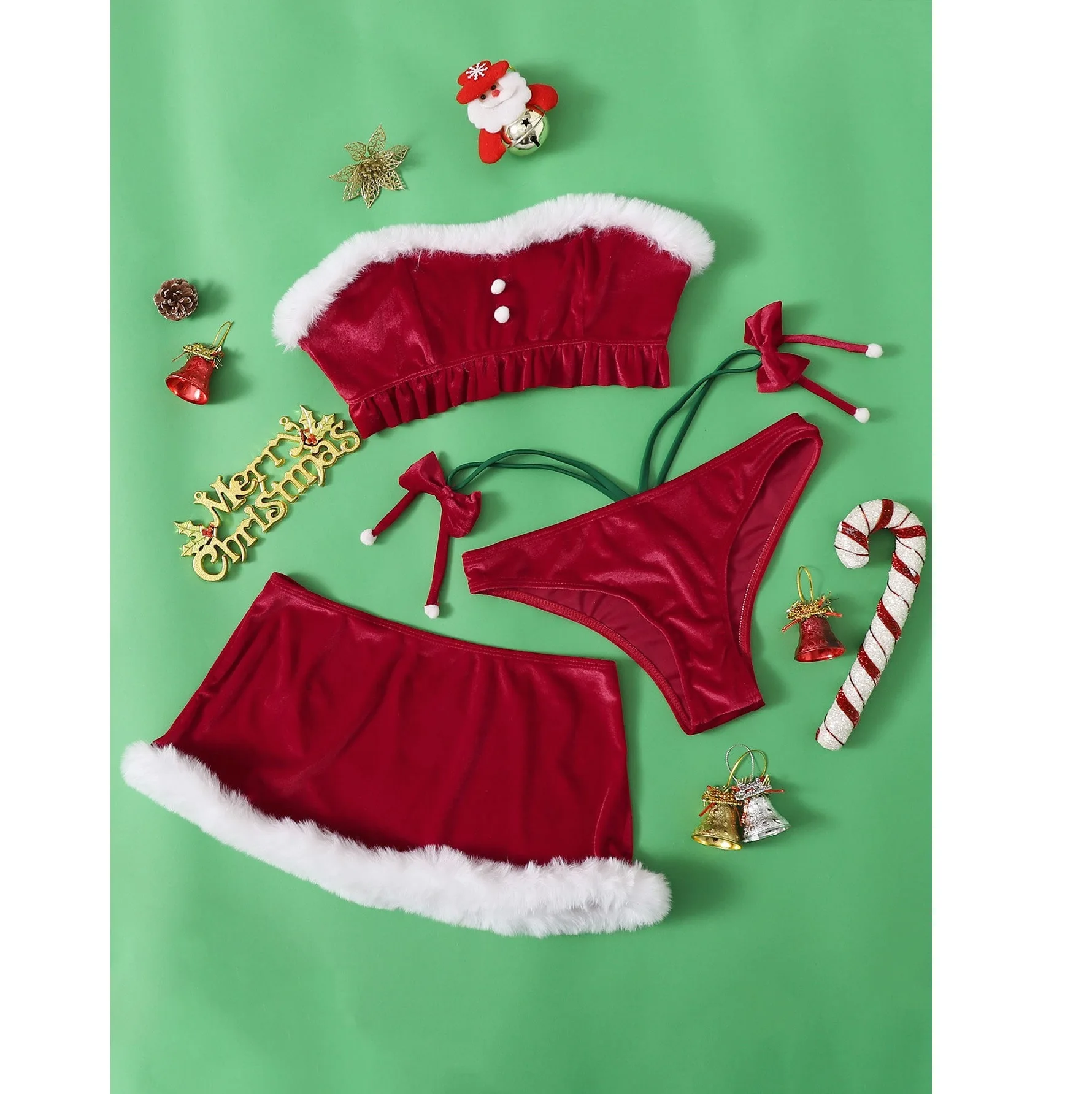 

3 Pack Red Christmas Party Bikini Swimsuit and Skirt For Women Mid Waist Swimwear 2022 New Bathing Suit
