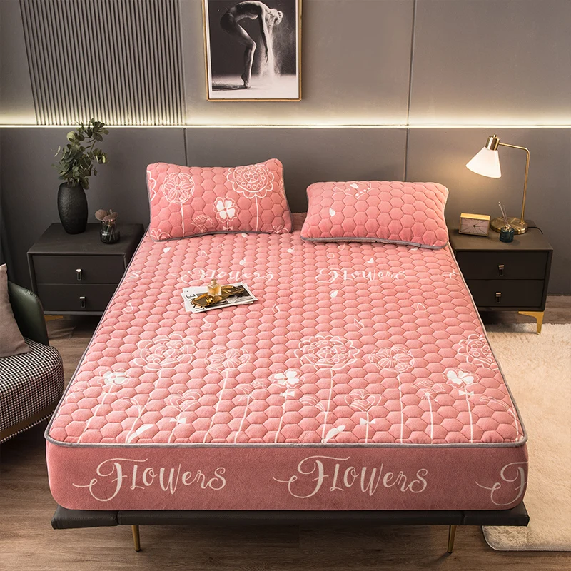

Fitted Sheet Winter Warm Bed Linen Home Plush Thicken Quilted Double Mattress Cover Single Bed Sheets(Need order pillowcases)