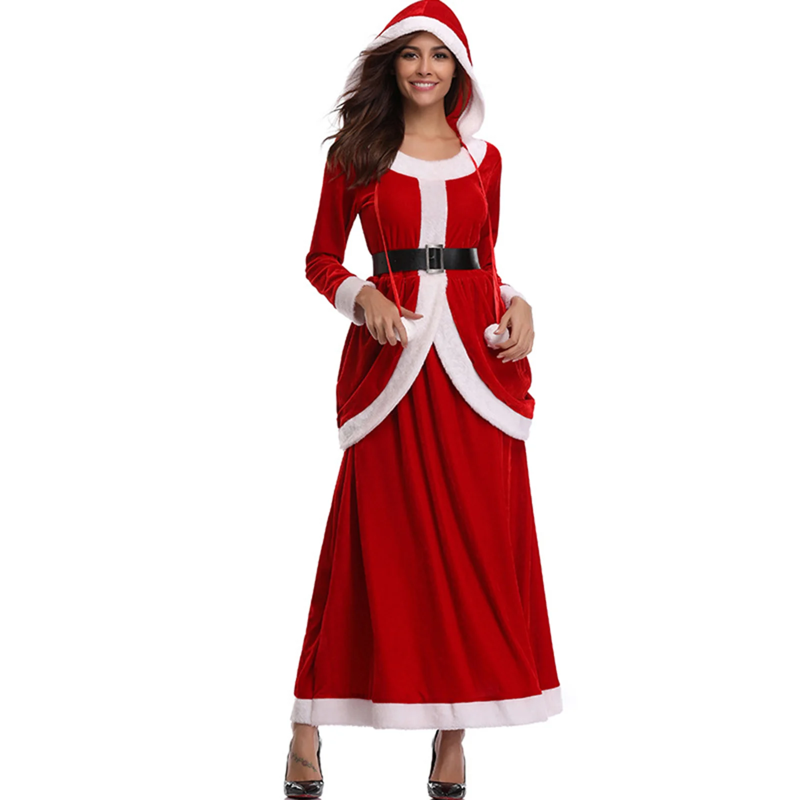 

Women Christmas Costume Santa Cosplay Dress Plush Trim Patchwork Hooded Long Sleeve Long Dress Party Costume with Belt