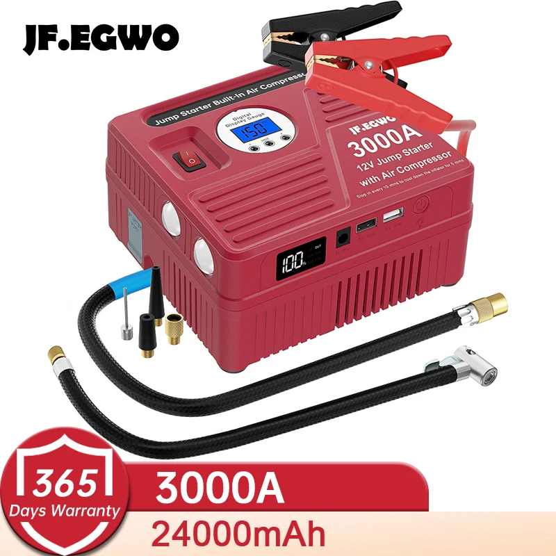 

JF.EGWO Car Jump Starter With Air Compressor 3000A Battery Booster Starting Device 12V Digital Tire Inflator 150 PSI Air Pump