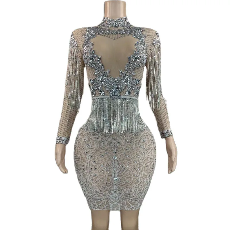 Rhinestone Sexy Sparkly Crystals Chain Transparent Dress Prom Evening Mesh See Through Crystals Costume