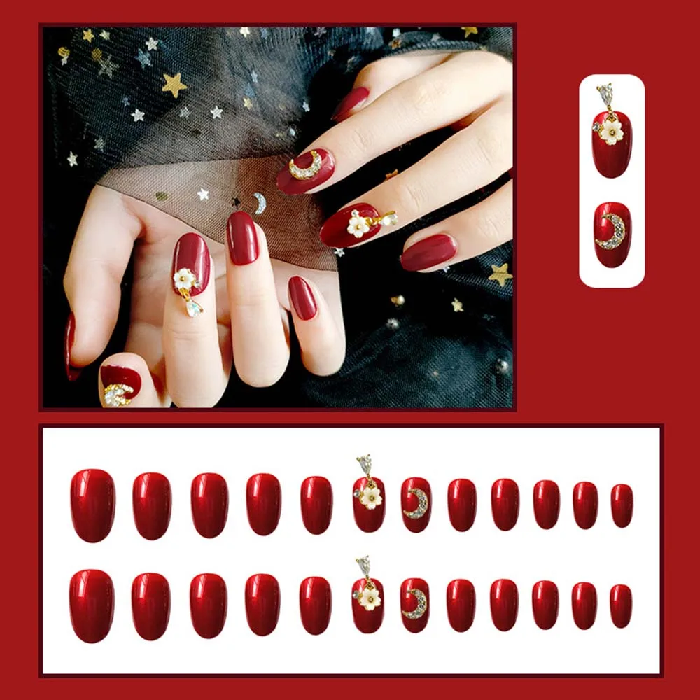 

24pcs Wine red light therapy Flower Pendant moon flash diamond False nails removable Manicure patch EF