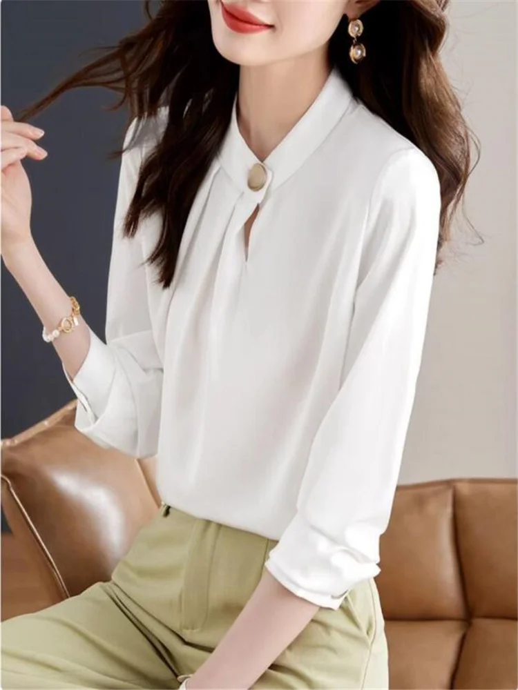 

New Standing Collar Blouses White Shirts Fashion Pullover Temperament Shirt Premium Chiffon Top Women Clothes Blous Female Shirt