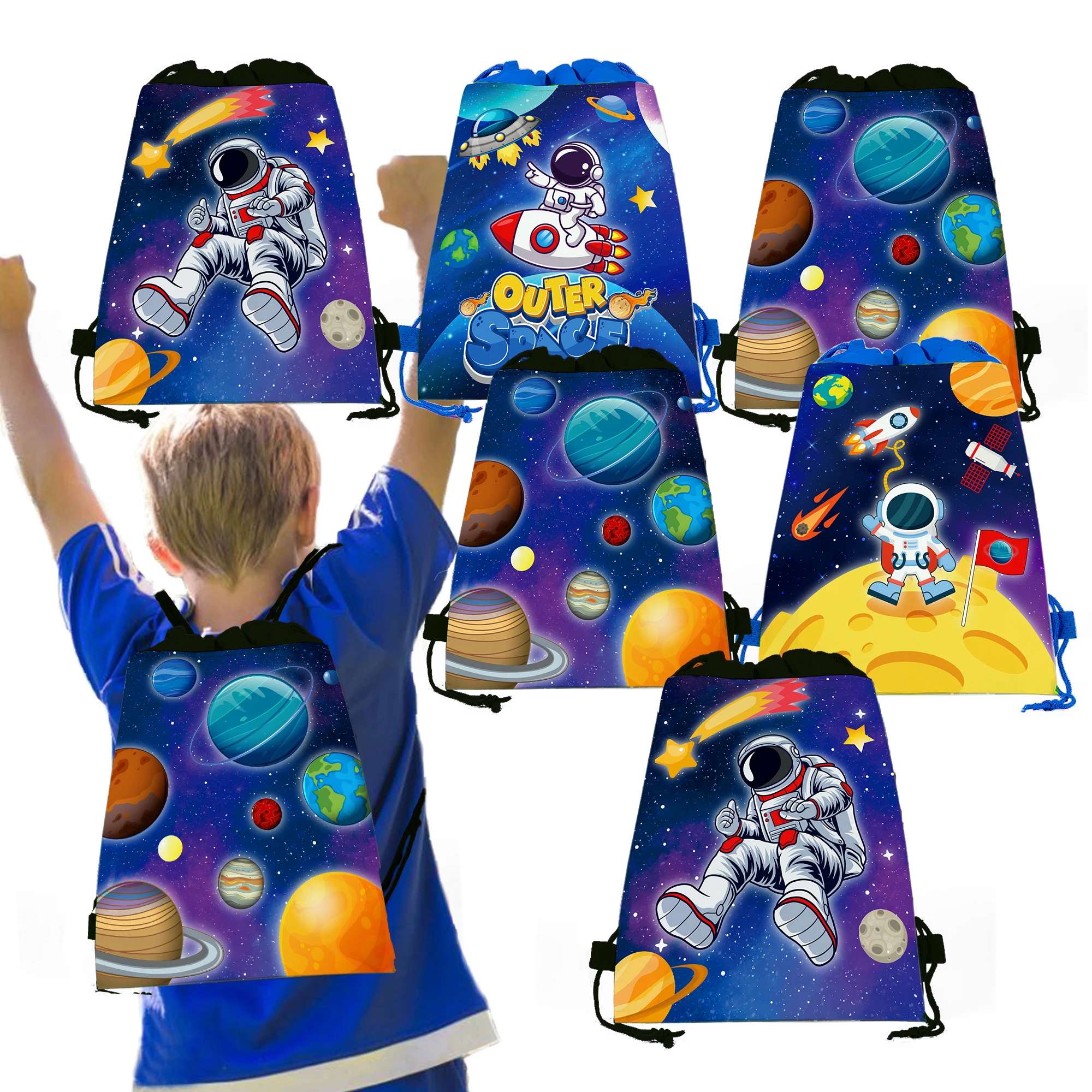 

10pcs Cool Cartoon Outer Space Planet Game Birthday Party Non-woven Gift Bags String Backpack Bag Baby Shower Party Decorations