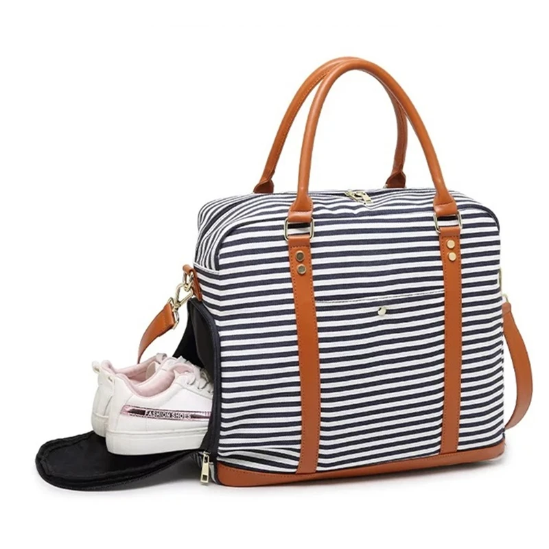 New Women Men's Canvas And Leather Handbag Luggage Short Ladies Travel Bag Stripe Sports Fitness Tote Bag Female Crossbody Bag