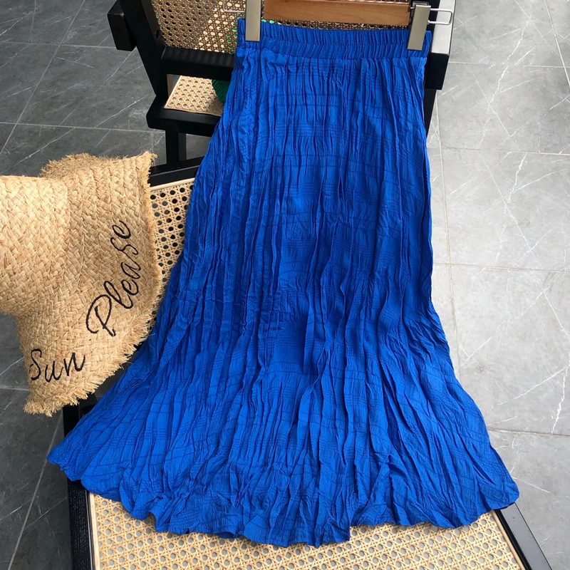 

Klein Blue Folds Skirts Womens 2022 New Summer High Waist Slim Straight Skirt Solid All Match Pleated Skirt Ropa De Mujer