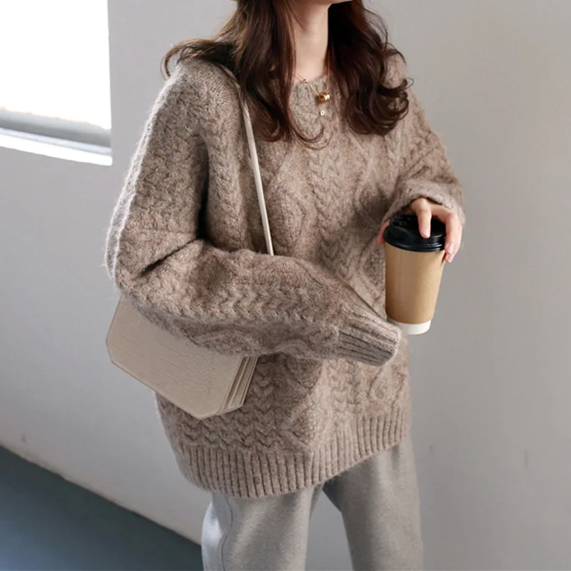 

2021 осень и зима шерстяной вязаный свитер женский пуловер свободная Корейская версия с длинным рукавом плотный утепленный пуловер