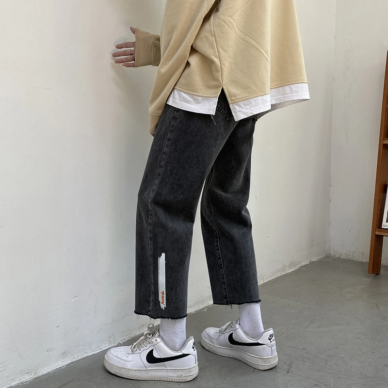 2021 Autumn New Men's Wide Leg Jeans Streetwear Fashion Straight Baggy Jeans Male Pants Cropped Trousers