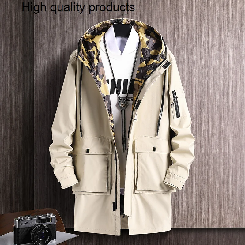 

2023 Men's Windbreaker Hooded Spring Autumn Long Jackets Coat Men Korean Style Black 90x Male Trench Large Size Big 7XL 8XL Gown