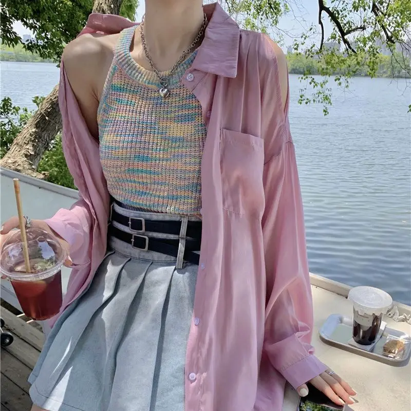 

Hsa Women Spring Summer outfits Shirt Oversized Top 2023 Korean Office Lady Elegant Striped Off Shoulder Pink Vest Blazer 2 Pcs